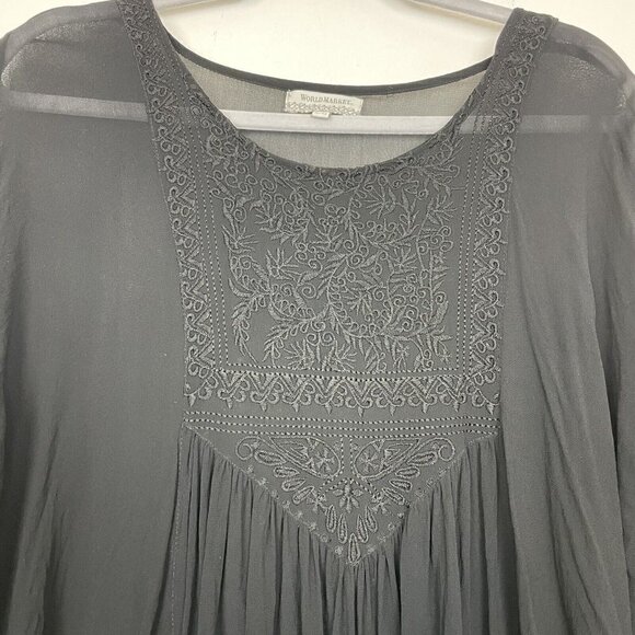 World Market Black Sheer Embroidered Top Tassled Sleeves Size Small Medium - Picture 4 of 7